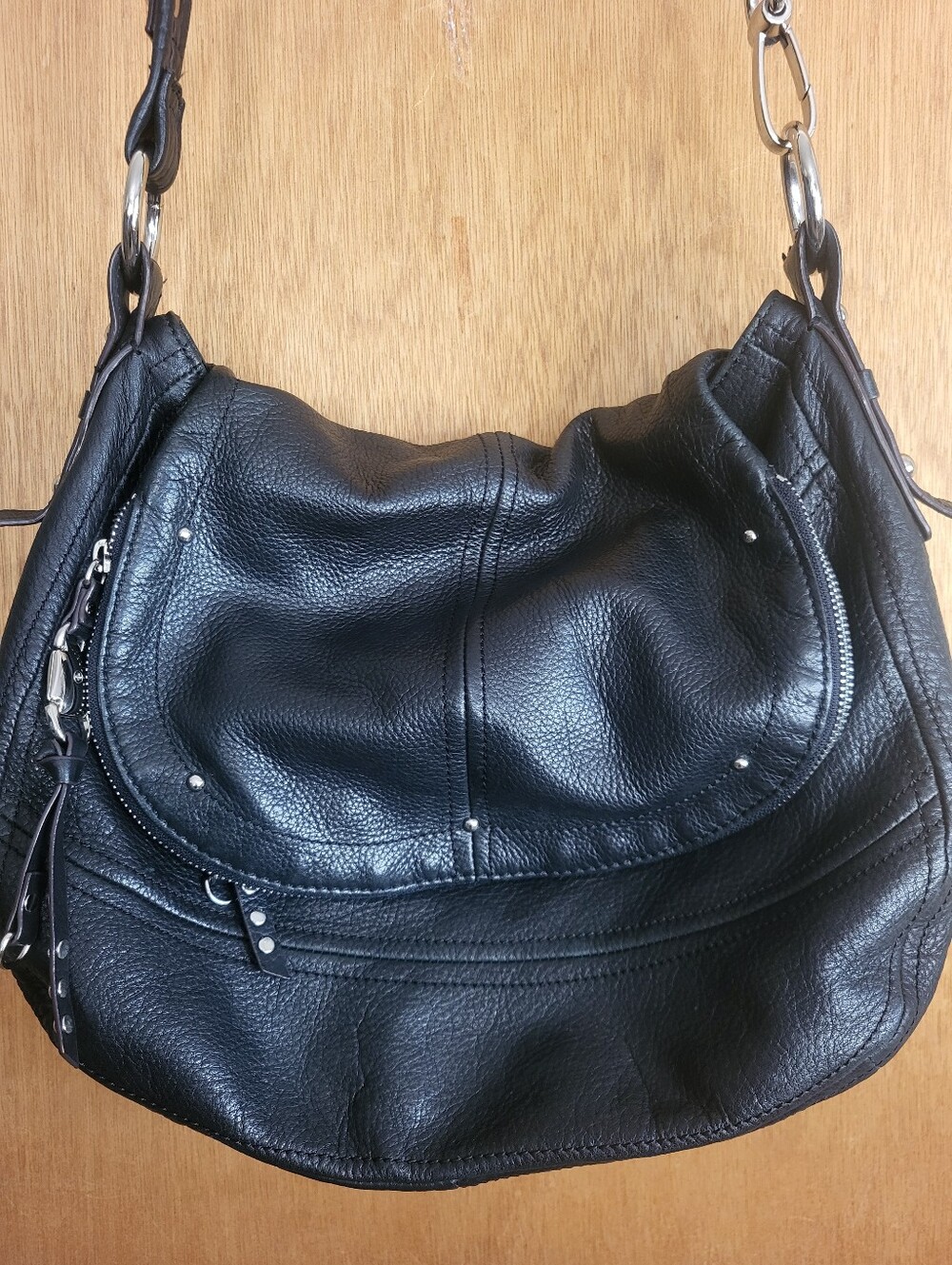 B. Makowski Black Soft Pebbled Leather Crossbody Hobo Shoulder Bag.
